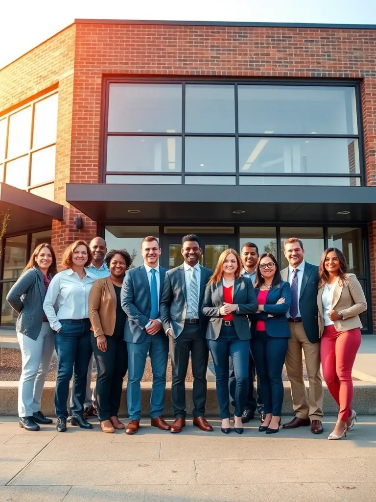 A diverse group of people standing in front of a newly renovated commercial building, symbolizing the community impact and economic growth facilitated by commercial real estate loans.