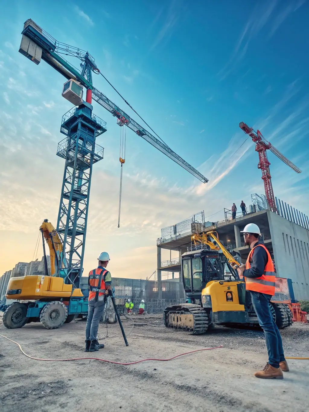 An image of a construction site with cranes and building frameworks.
