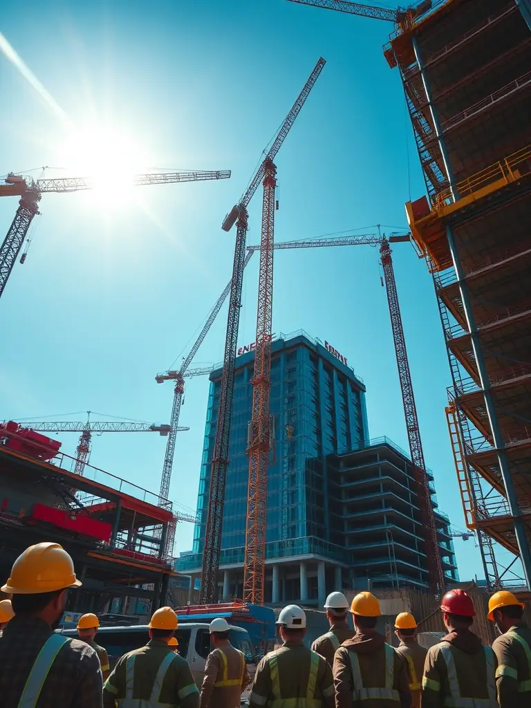 A modern architectural rendering of a bridge loan project, showcasing a partially completed building with construction equipment and workers in the background, emphasizing the speed and efficiency of bridge loans.